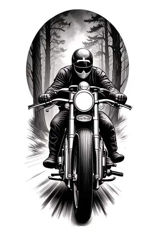 A detailed black and grey tattoo of a motorcycle speeding through a dark and mysterious forest inspired by Stephen King's Dark Tower series tattoo design idea