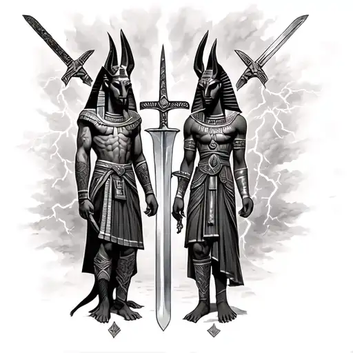 Egyptian warrior sleeve with Anubis, Set vs. Horus, khopesh swords, lightning, and sandstorms tattoo design idea