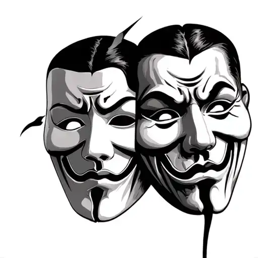 Two Faced Mask that means betrayal. split between happy and sad face tattoo design idea