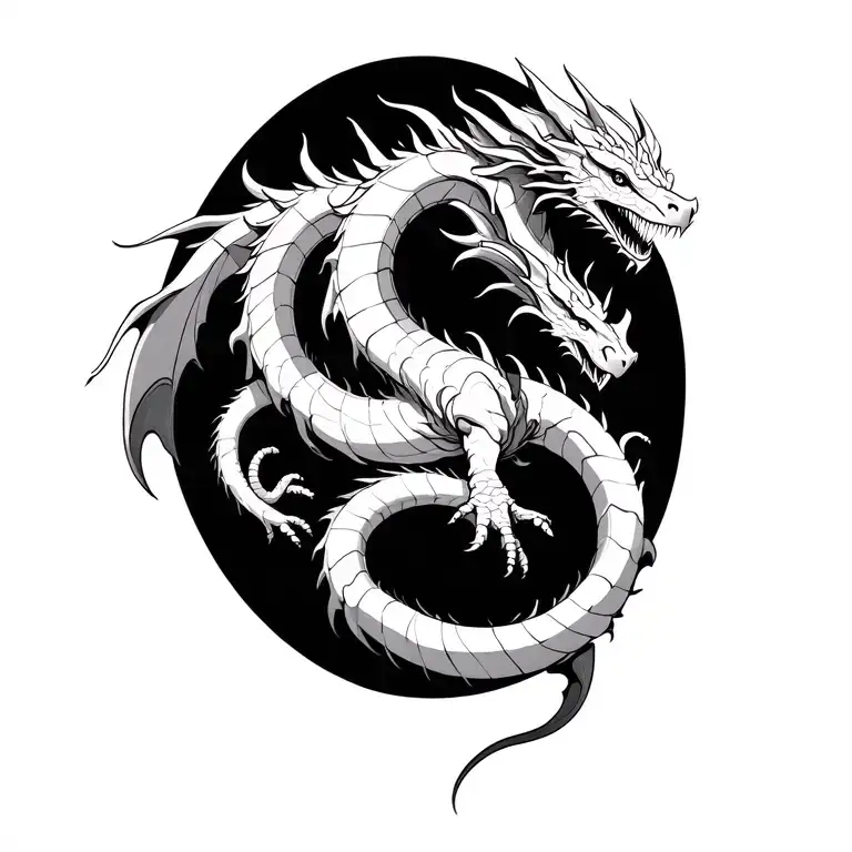 a gnostic style ourobouros dragon forming a circle while eating it's own tail, oval circle, dragon facing outwards tattoo design idea