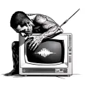 a schematic man without a face grabs his head, and on the side of him a TV with a white noise tattoo design idea