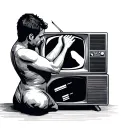 a schematic man without a face grabs his head, and on the side of him a TV with a white noise tattoo design idea