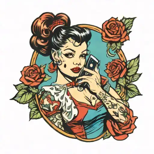 pin up girl holding phone tattoo design idea