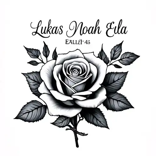 small dainty tattoo with the names Lukas Noah Ella with a rose underneath tattoo design idea
