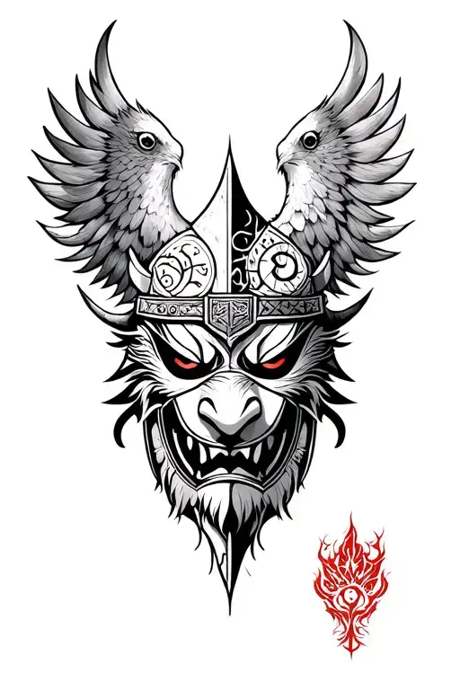 viking raven + viking runes + japanese Oni mask + life three tattoo design idea