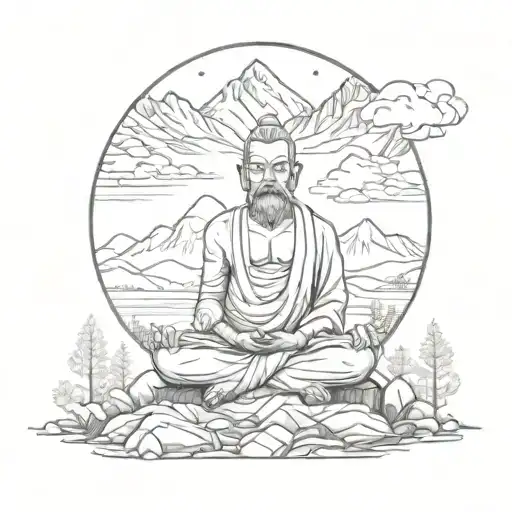 meditating oranutan with mountains and forest in the background  tattoo design idea