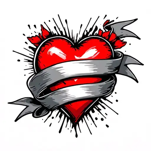 red heart with banner wrapped tattoo design idea