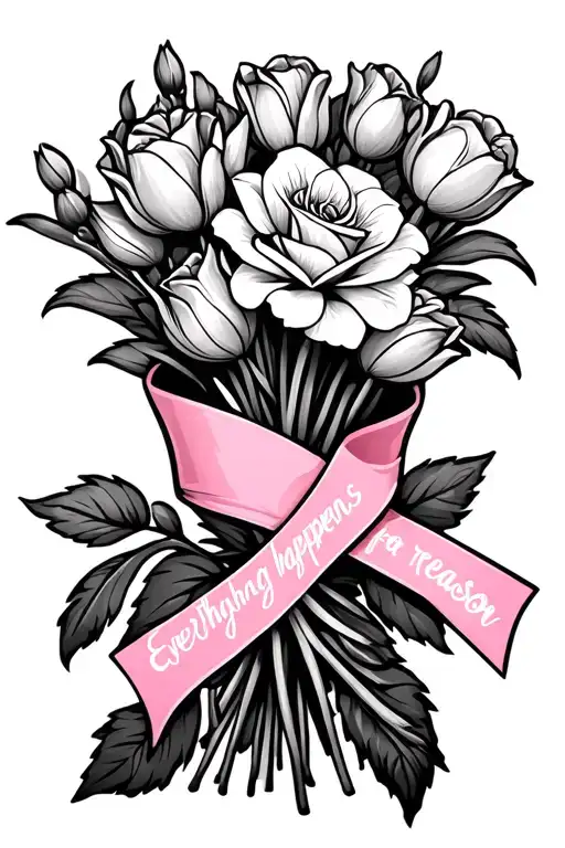 Lilly's, roses, tulips small flower bouquet wrapped in breast cancer ribbon with wording everything happens for a reason tattoo design idea