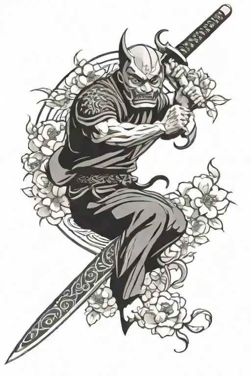 Japanese style , Japanese blossoms , flowers and petals , kunai ninja knife, smoke , spiral , Japanese Oni demon tattoo design idea
