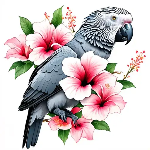 African Grey parrot perched + hibiscus flower + bougainvillea flower tattoo design idea