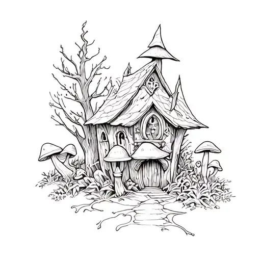 dark and gothic woodland with mushrooms and witch house of baba jaga tattoo design idea
