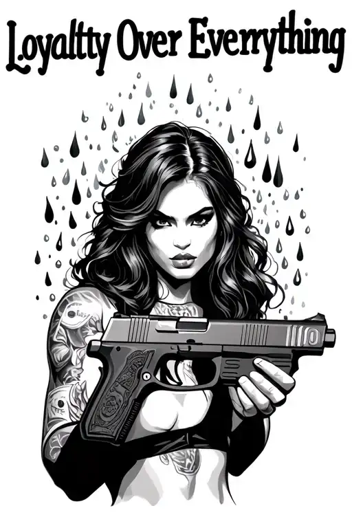 "Loyalty over Everything" "Loyalty over Everything" gangster chick holding a mac 10 raining cash tattoo design idea