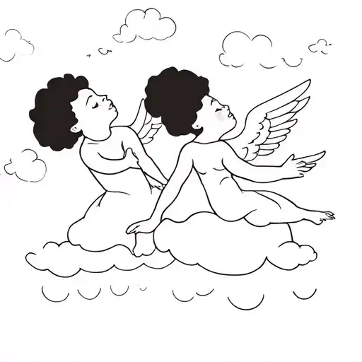 two black little girls with Afro puffs as baby angel cherubs playing in the clouds tattoo design idea