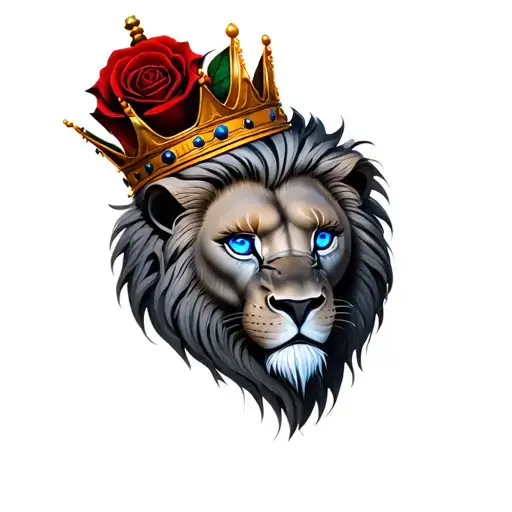 3D half-sleeve: roaring crowned lion with blue eyes, wide face, red-blue rose; bold, lifelike, royal. tattoo design idea
