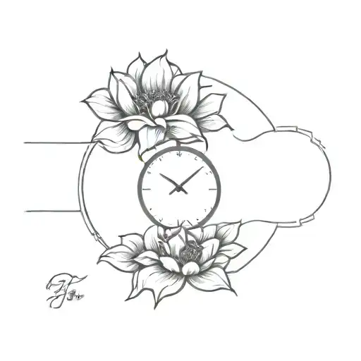 lion flower and clock tattoo design idea