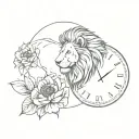 lion flower and clock tattoo design idea