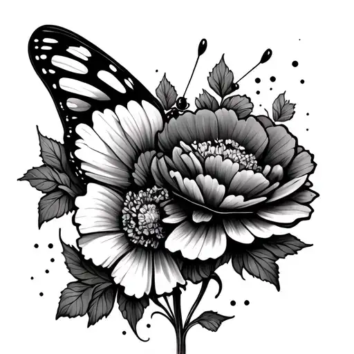 a butterfly with Carnations and sundrip flowers incorporated into 2 of its wings. Add some pretty dots around it too tattoo design idea