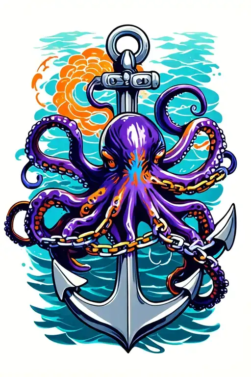 black, blue, purple and orange octopus wrapped around anchor in water with broken chain tattoo design idea