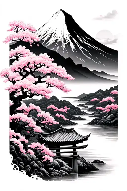 A mountain in the background with a river, sakura and a Japanese tori in the foreground tattoo design idea