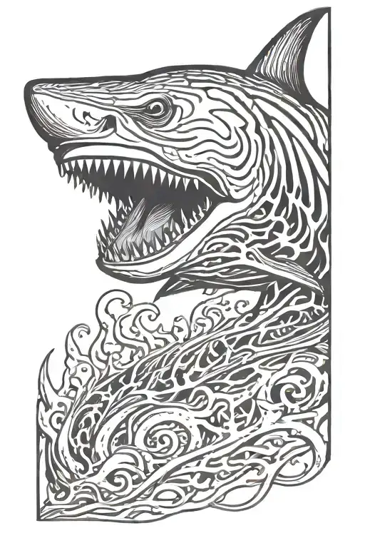 Megalodon skeleton from which a white shark emerges tattoo design idea