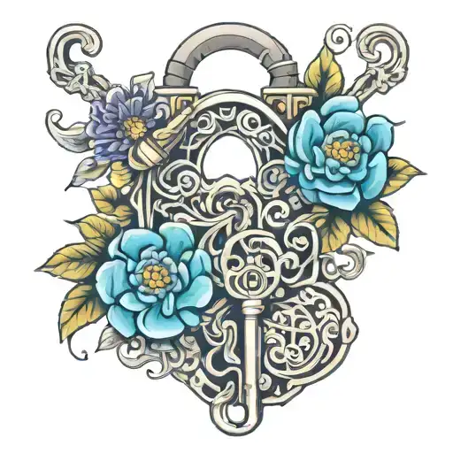 lock and key intertwined with flowers tattoo design idea