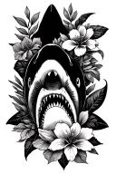 Turtle, shark and flowers tattoo design idea