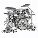 Acoustic drum kit with skulls and musical notes, with the name DIEGO on the bass drum head all in 3D tattoo design idea