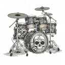 Acoustic drum kit with skulls and musical notes, with the name DIEGO on the bass drum head all in 3D tattoo design idea