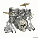 Acoustic drum kit with skulls and musical notes, with the name DIEGO on the bass drum head all in 3D tattoo design idea
