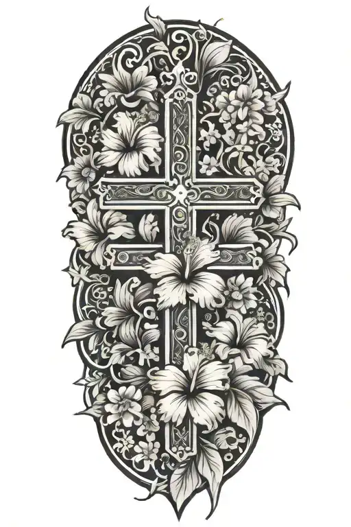 hibiscus flowers and sakura flowers with cross surrounded tattoo design idea