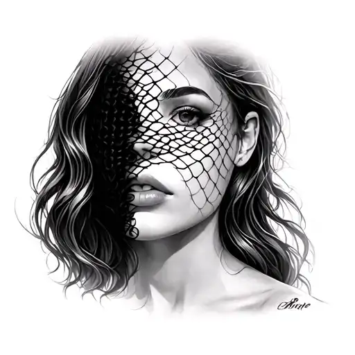 side of women face with a fish net covering half her face  tattoo design idea