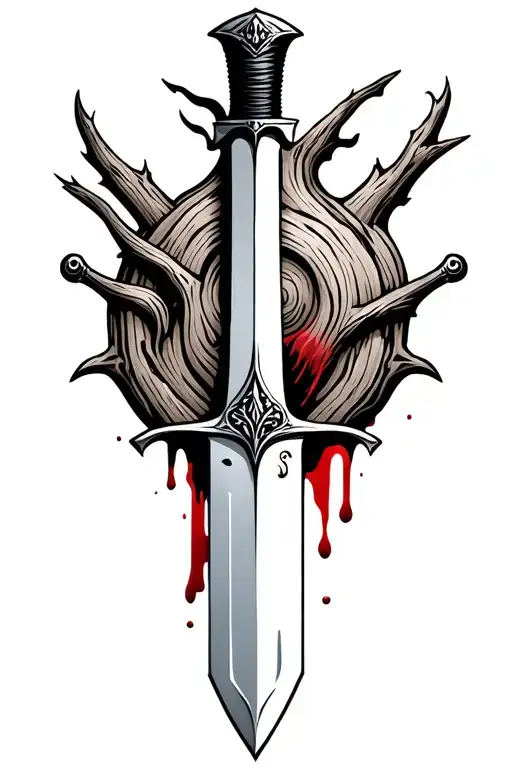 long dagger on the wood, covered blood, elf tattoo design idea