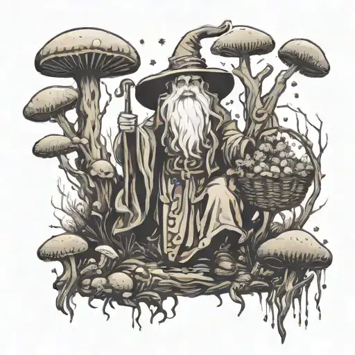 A mystical forest scene with a wizard holding his foraging basket, surrounded by glowing mushrooms and fireflies tattoo design idea