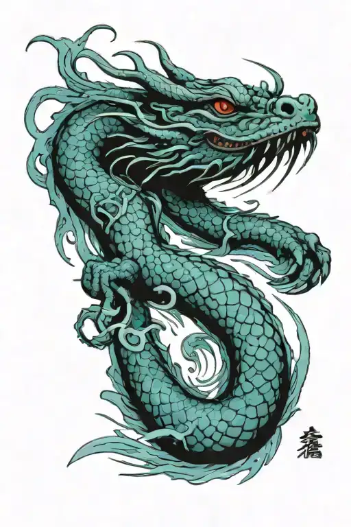 traditional korean water dragon, with 4 claws per hand, and water streaks swirling around the dragon  tattoo design idea