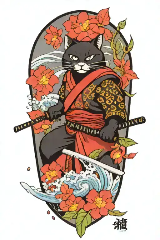 japanese tradiotional style, samurai cat holding a katana, water splashing, ltus flower, sakura flower, peony flower, cl tattoo design idea