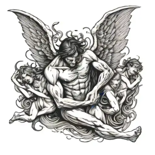 Demons repeating anorexia, lust, depression, and loneliness holding on to a man as he reaches for an angel  tattoo design idea