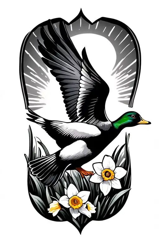 duck flying with daffodils and sun rays tattoo design idea