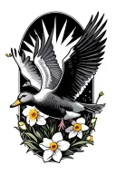 duck flying with daffodils and sun rays tattoo design idea