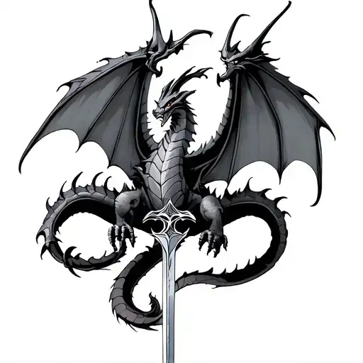 fantasy dragon flying on back with a sword down the spine  tattoo design idea