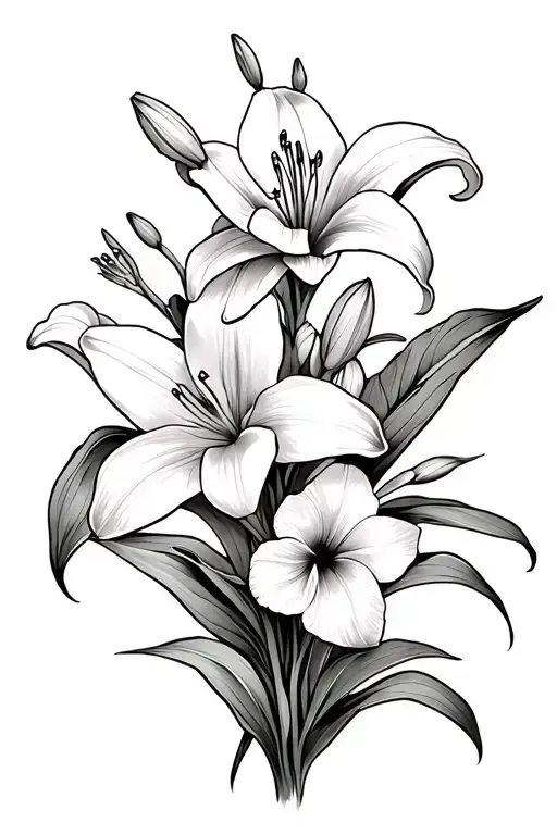 magic lilies, moon lilies, orange ditch lilies, snap dragons, string of tears, lambs-ears, & daffodils tattoo design idea