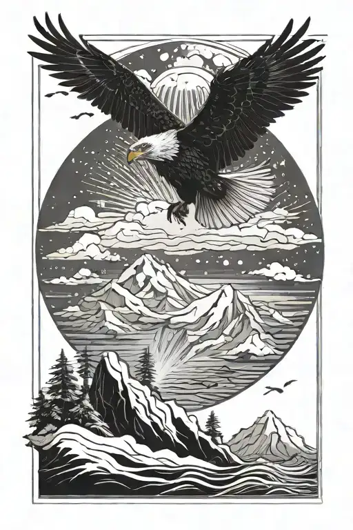 ice island with snow falling and ice eagles flying  tattoo design idea
