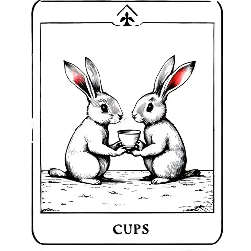 Tarot card two of cups represented with two cute bunnies looking at each other and holding a cup each tattoo design idea