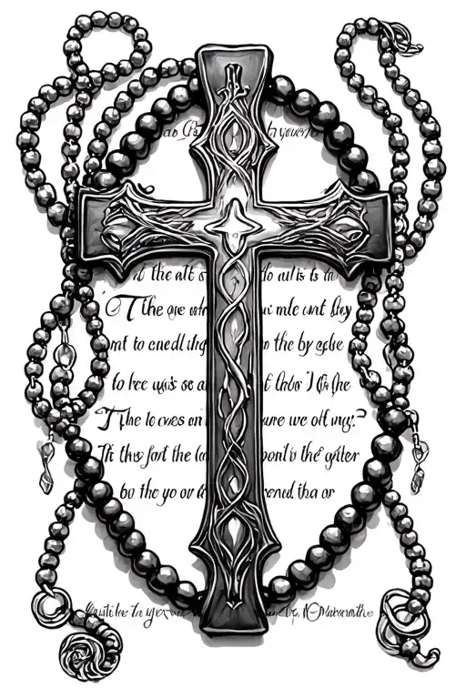 Cross with beaded necklace around it behind bible verse on forearm tattoo design idea