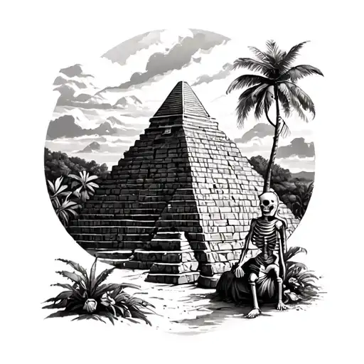 Skeleton traveler between Mexico and Cambodia jungle and desert with tropical plant and pyramid very detailed tattoo design idea