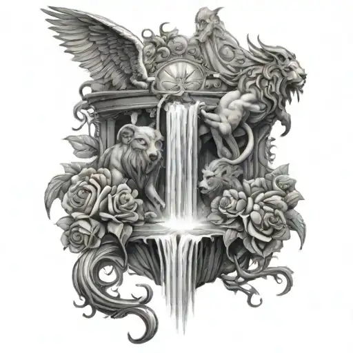 waterfalls with angels fighting demons with lions an roses tattoo design idea