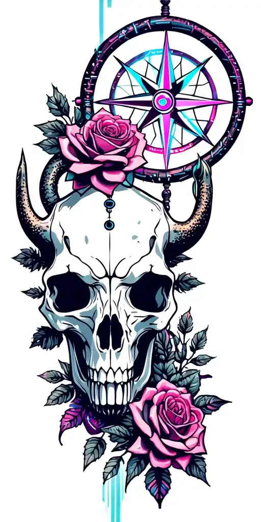 American Southwest, Sunset, Cactus, Dead Roses, Compass, Dreamcatcher, Metal Snake, Longhorn skull tattoo design idea