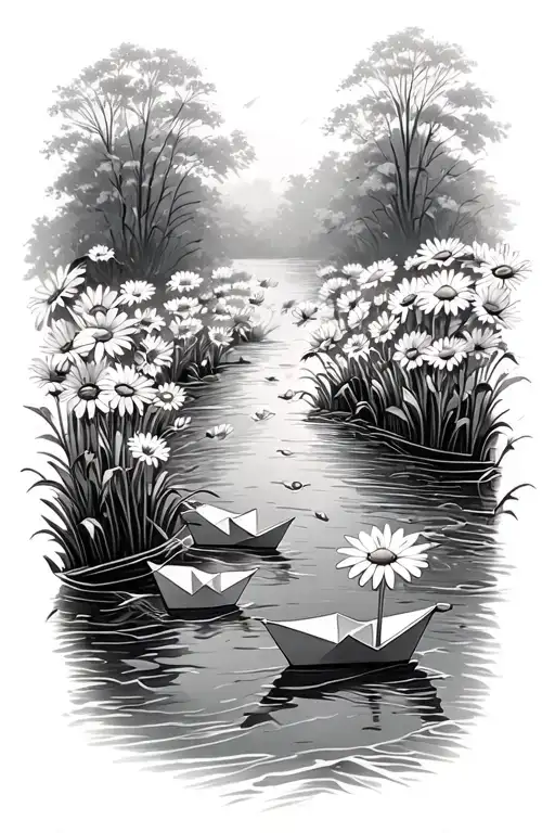 river of daisys with paper boats floating on top in a race tattoo design idea