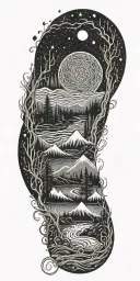 flowing waves, surrounded by a mystical forest scene,subtle elements of sacred geometry and glowing stars and light tattoo design idea