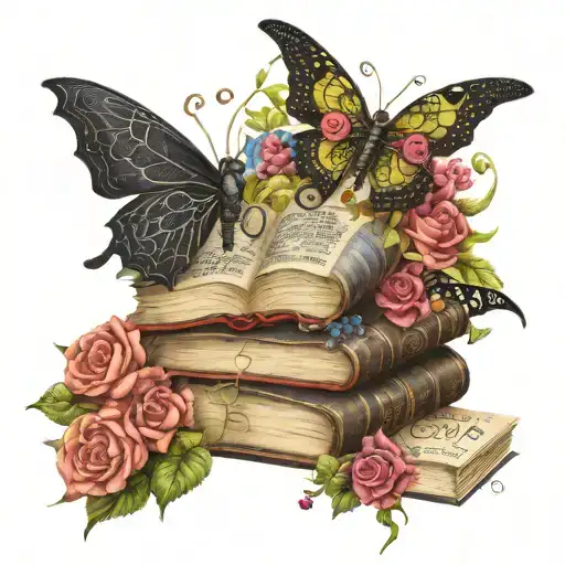 old books black dragon words,  , light & butterflies, flowers and vines curling outward tattoo design idea