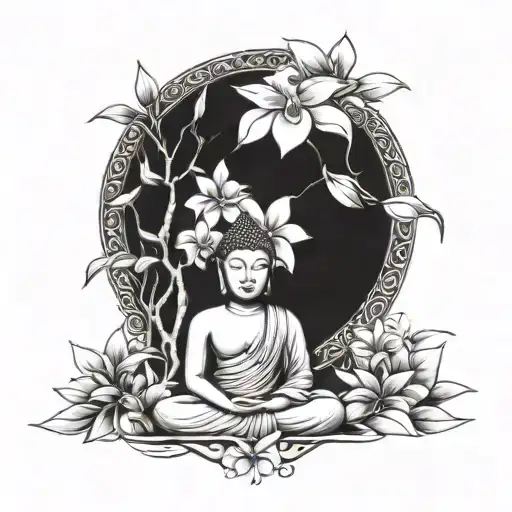 Buddha meditating under a frangipani tree tattoo design idea